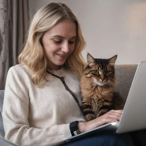 Cat lady using laptop with her cat